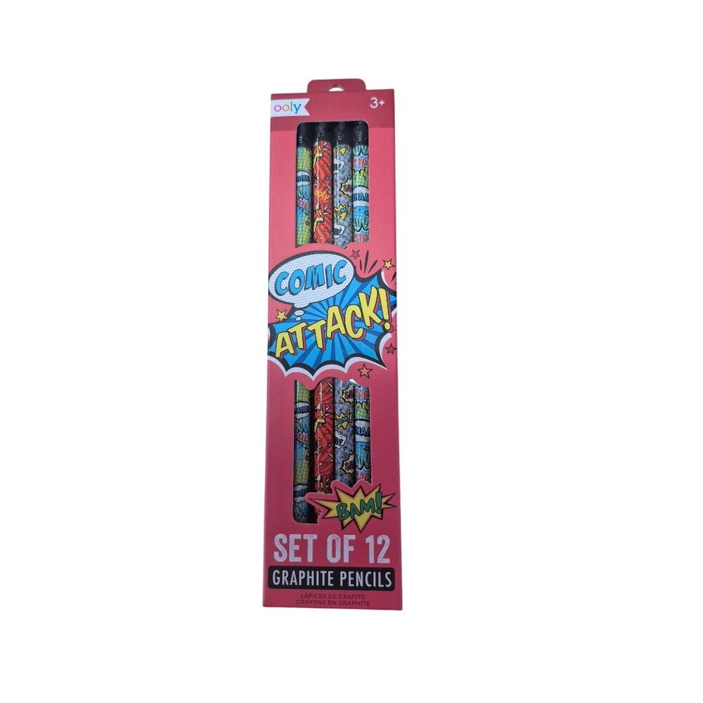 Comic Attack Graphite Pencils Set Of 12 With 4 Designs For Ages 3+